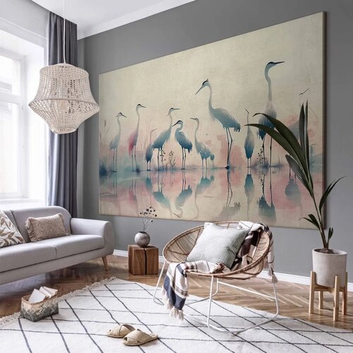  XXL slika - Birds by the lake - herons painted in watercolour in delicate grey and pink colours 170x113 Slike