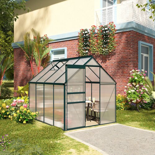 Outsunny polikarbonatni vrtni rastlinjak 190x253x199cm, z odpiralnim oknom in drsnimi vrati, aluminijast okvir, zelene barve, (20747881) Cene