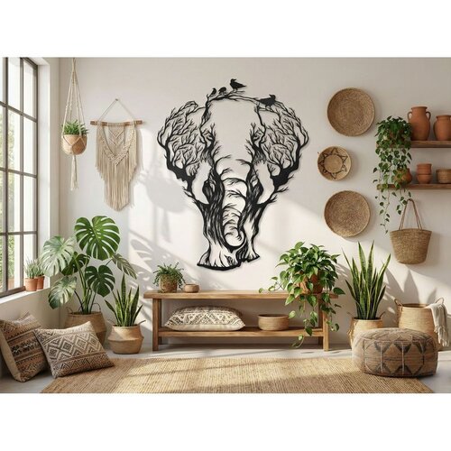 Wallxpert metalni zidni ukras 5511, slon od kro&amp;scaron;nji drveća sa pticama, 71 x 90 cm, crni Slike