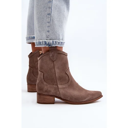 Zazoo 3329 Suede Cowboy Ankle Boots Low Heel Dark Beige