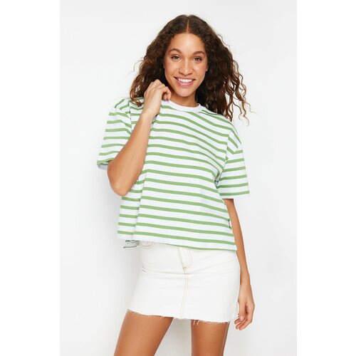 Trendyol Green Striped 100% Cotton Asymmetrical Loose/Relaxed Cut Knitted T-Shirt Cene