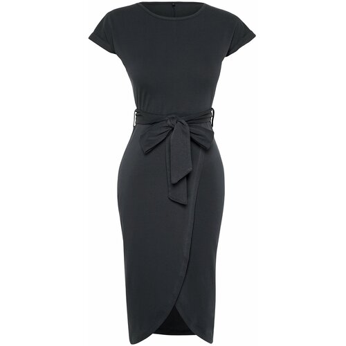 Trendyol Anthracite 100% Cotton Double Breasted Closure Belt Detailed Midi Knitted Dress Cene
