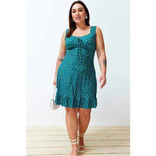 Trendyol Curve Petrol Polka Dot Printed Square Collar Flounced A-Line Mini Knitted Dress Cijene