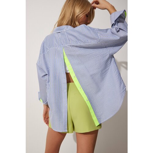 Happiness İstanbul Women's Blue Green Ribbon And Button Detailed Striped Oversize Shirt Slike
