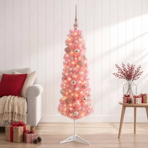  Umjetno usko božićno drvce s kuglicama 150 cm 150 LED lampica - 150 cm s LED-ima i ružičastim lopticama Cijene