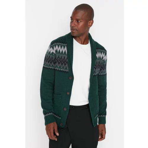 Trendyol Emerald Green Men's Slim Fit Shawl Collar Jacquard Knitwear Cardigan