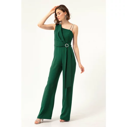 Lafaba Women's Emerald Green One-Shoulder With Stones Evening Dress Jumpsuit