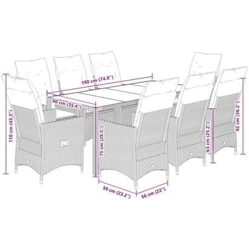  9-dijelni vrtni blagovaonski set sivi od poliratana Siva 190 x 90 x 75 cm Slike
