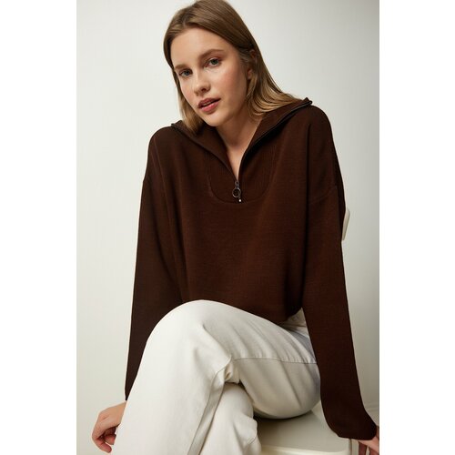 Happiness İstanbul Women's Brown Zipper Collar Knitwear Sweater Slike