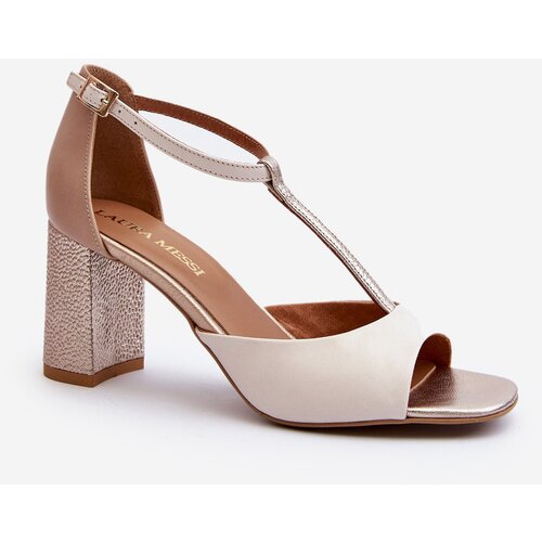 Laura Messi Leather Sandals with Heel 2759 Beige Cene