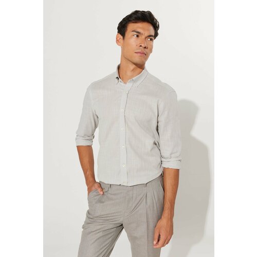 AC&Co / Altınyıldız Classics Men's Gray Tailored Slim Fit Slim-fit Oxford Buttoned Collar Linen-Looking 100% Cotton Flared Shirt. Slike