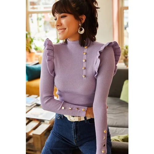 Olalook Women's Lilac Frilled Button Detailed Waist Knitwear Sweater