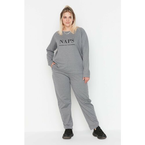 Trendyol Curve Plus Size Pajama Set - Gray - With Slogan Slike
