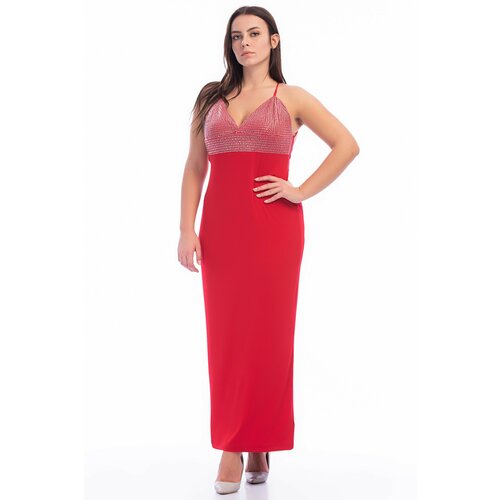 Şans Women's Plus Size Red Evening Dress with Embroidered Stones Slike