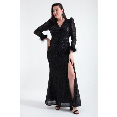 Lafaba Women's Black Double Breasted Neck Sequined Plus Size Long Evening Dress Slike