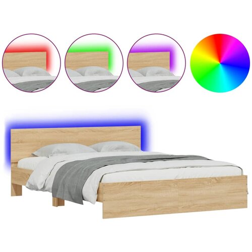 Maison Chic Posteljni okvir - Dvoposteljna postelja - Zakonska postelja z vzglavjem in LED sonoma hrast 150x200 cm, (21695904) Slike