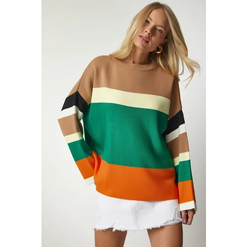 Happiness İstanbul Women's Biscuits Green Block Colored Knitwear Sweater