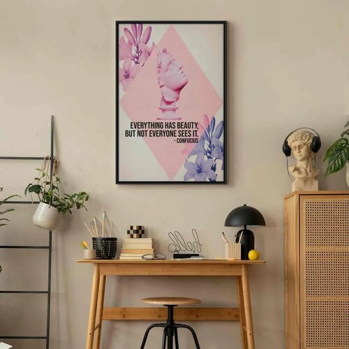 Slika - Beauty in the Eyes - Inspirational Quote with Pink Bust and Flowers 80x120 U crnom drvenom okviru Slike