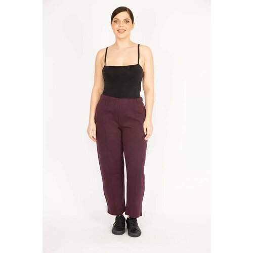 Şans Women's Burgundy Large Size Trousers with Iron-on Marks, Grass Stitching, Elastic Waist and Side Pockets Slike