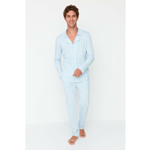 Trendyol Blue Men Regular Fit Knitted Pajamas Set Family Combination Slike