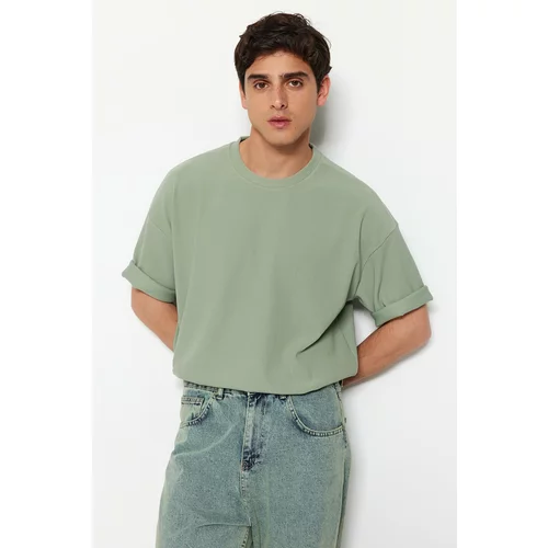 Trendyol Mint Men's Premium Oversized Crew Neck Short Sleeve Textured Ottoman T-Shirt.