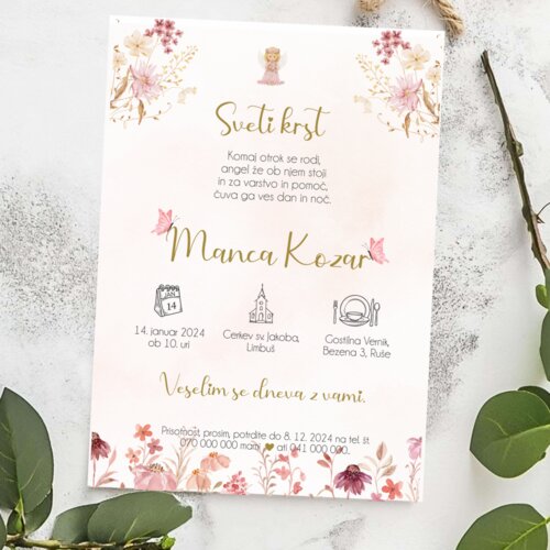  Vabilo za krst v roza barvi z nežnim roza motivom REK 030-06 Cene