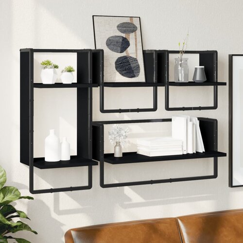  The living store komplet stenskih polic s prečkami 4-delni črn inženirski les - komplet stenskih polic, (21499691) Slike