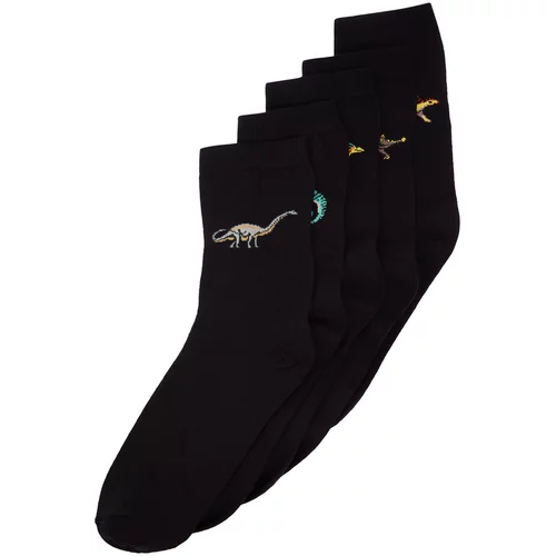 Trendyol Men's Black Cotton 5-Pack Dinosaur Pattern Crew Socks