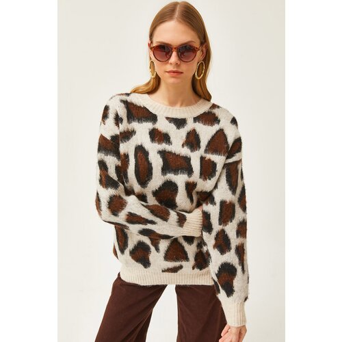 Olalook Women's Ecru Leopard Soft Textured Thick Knitwear Sweater Cene