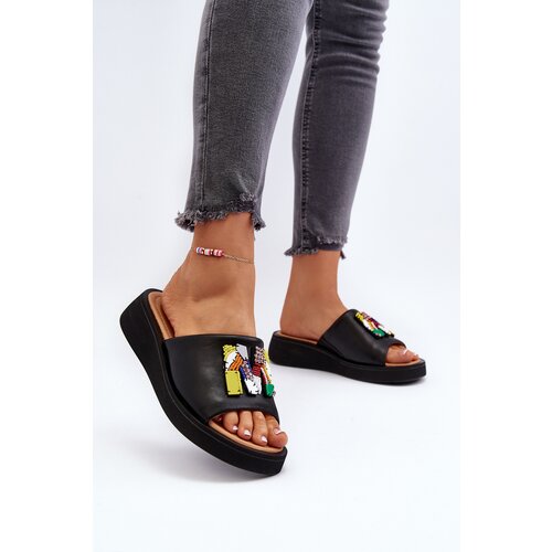VINCEZA Black Women's Leather Slippers With Ornament Asames Cene
