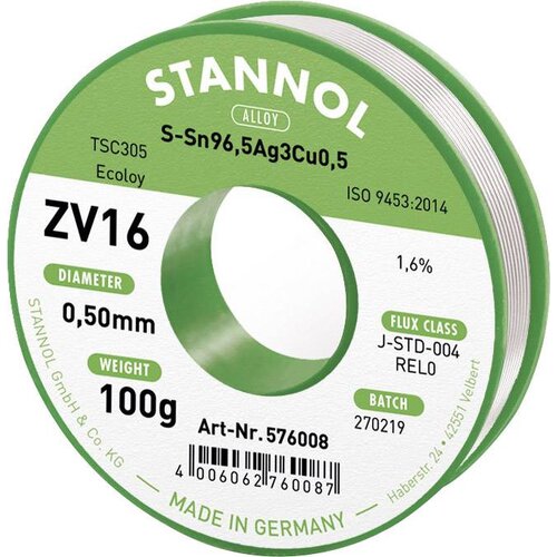 Stannol mehka spajkalna žica ZV16 iz zlitine TSC305 z vsebnostjo 1\,6% pretoka 0\,5 mm s premerom na 100 g tuljave ZV16 spajkalna žica\, neosvinčena neosvinčeni Sn96\,5Ag3Cu0\,5 REL0, (20428490) Cene