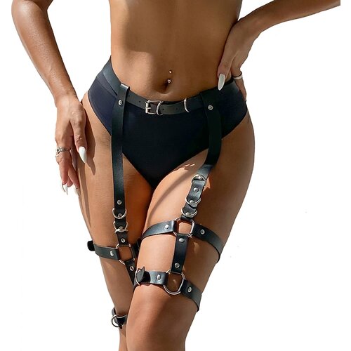 SuperLove Leather Bondage Garter Harness with Rings Black Slike