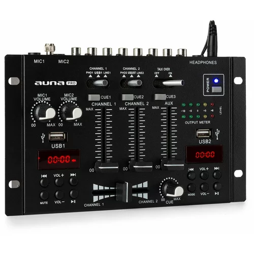 Auna Pro DJ-22BT, MKII, mešalna miza, 3/2 kanalai-DJ-mešalna miza, BT, 2xUSB, montaža za rack, črna barva