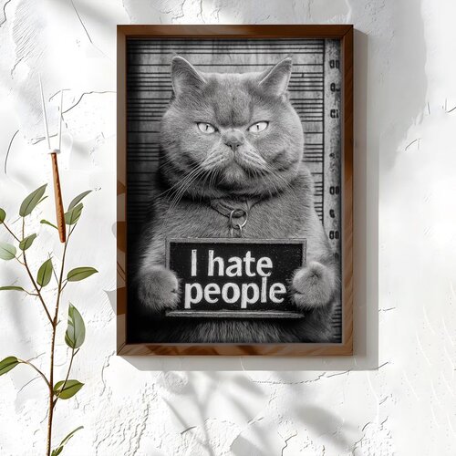 Wallxpert uramljena MDF slika NAL065-46, siva mačka drži tablu sa natpisom I hate people, 35,5 x 47 cm Cene