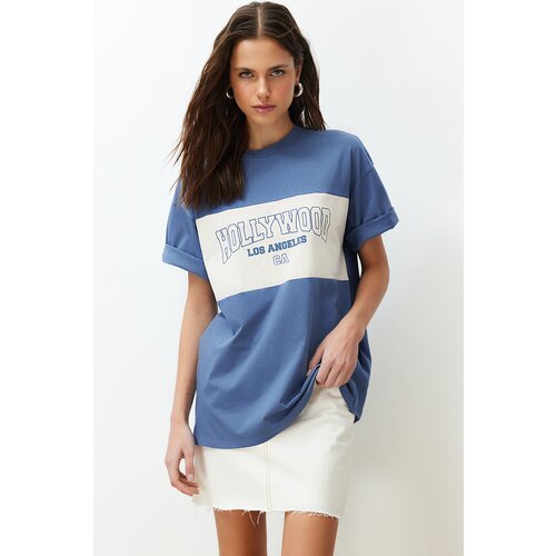 Trendyol Indigo Color Block City Print Oversize/Wide Fit Knitted T-Shirt Slike