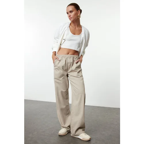 Trendyol Beige Elastic Waist High Waist Wide Leg Trousers