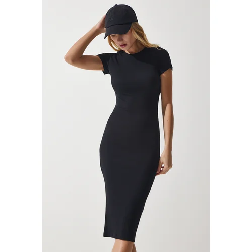  Women's Black Crew Neck Wraparound Ribbed Knitted Dress