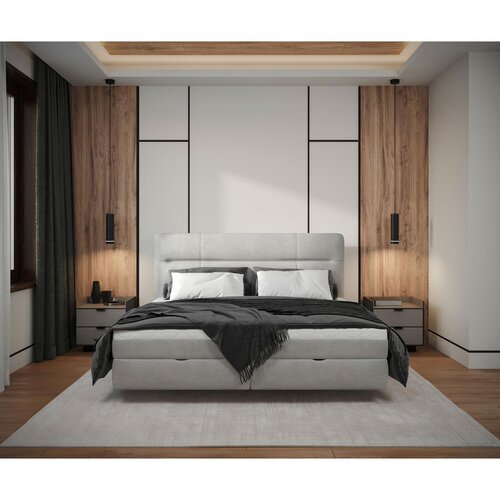MID.YOU POSTELJA Z VZMETNICO 160 cm x 200 cm , les, tekstil, leseni material svetlo siva Slike