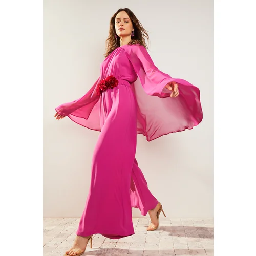 Trendyol Fuchsia Flower Belted Chiffon Cape Satin Evening Dress Jumpsuit