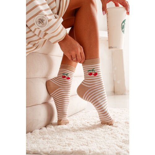 Milena Women&amp;#039;s Socks Stripes with Cherries Cotton Beige Slike