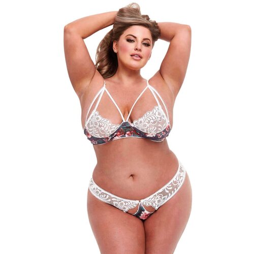 BACI Plus Size - modrček s cvetlično čipko in hlačke z odprtim hrbtom Slike