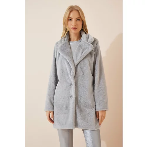 Happiness İstanbul Women's Stone Gray Faux Fur Coat