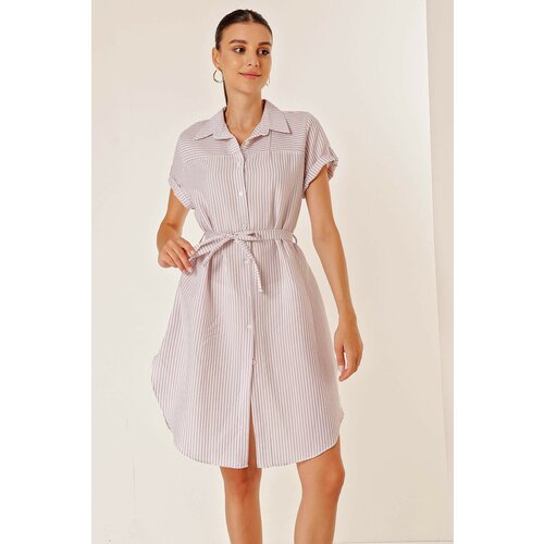 By Saygı Lilac Stripe See-through Dress with Belted Waist, Short Sleeves and Buttons in the Front. Slike
