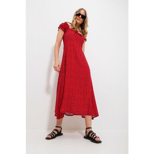 Trend Alaçatı Stili Women's Red Square Neck Floral Pattern Woven Dress Cene