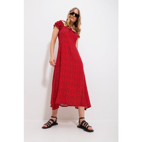 Trend Ala&amp;ccedil;atı Stili Women&amp;#039;s Red Square Neck Floral Pattern Woven Dress Slike