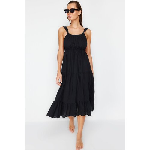 Trendyol black woven gathered 100% cotton beach dress Slike