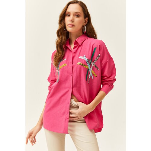 Olalook Women's Fuchsia Color Sequin Stick Woven Shirt Cene
