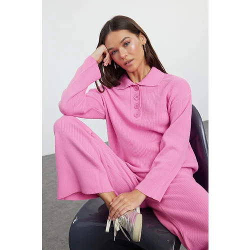 Trendyol Pink Polo Neck Twill Knitwear Bottom-Top Set