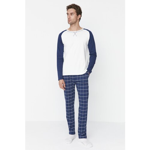 Trendyol Navy Blue 100% Cotton Plaid Knitted Pajama Set Slike