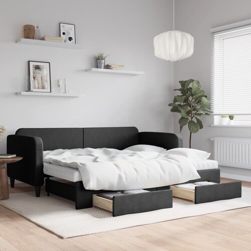 VidaXL Izvlečna dnevna postelja s predali črna 90x200 cm blago Slike